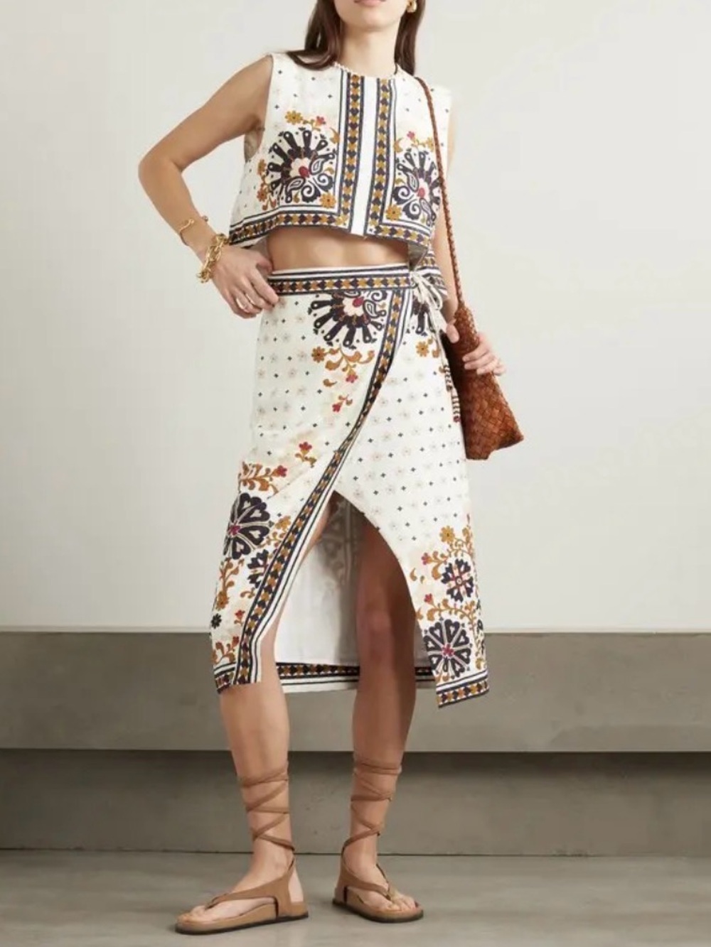 Farm Rio Matching Set Wrap Midi Skirt Crop Top Blouse Linen Embroidered Tank XS